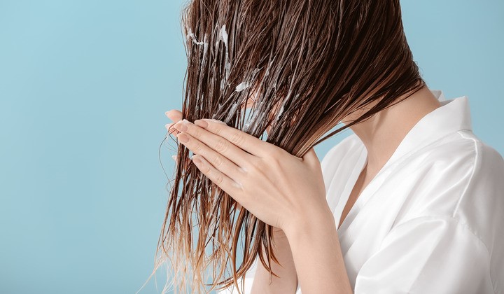Woman's hair with shampoo in Woman's hair with shampoo in
